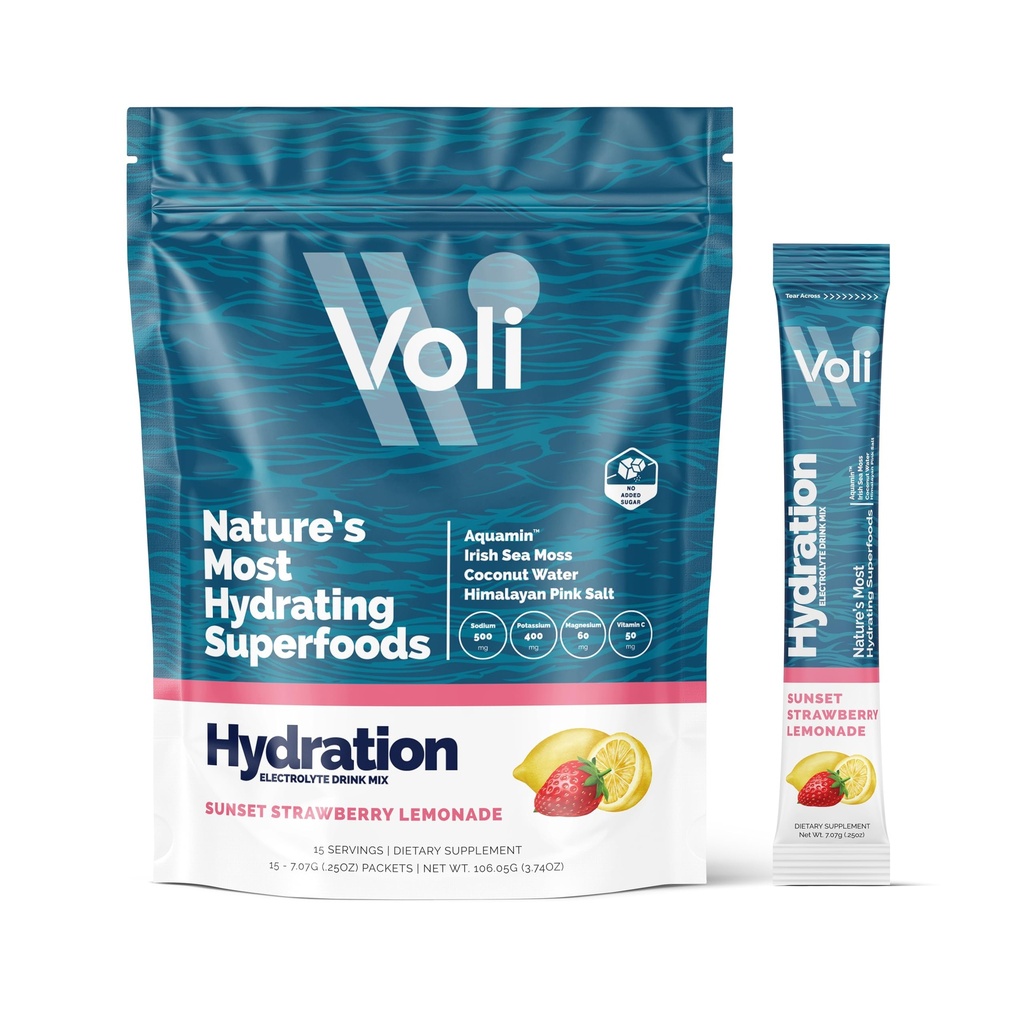 Voli Electrolytes אבקת Packets | No added Sugar Electrolyte drink Mix for Hydration | Keto & Fasting Friendly, Natural Superfoods & מינרלים | Strawberry Lemonade, 15Count