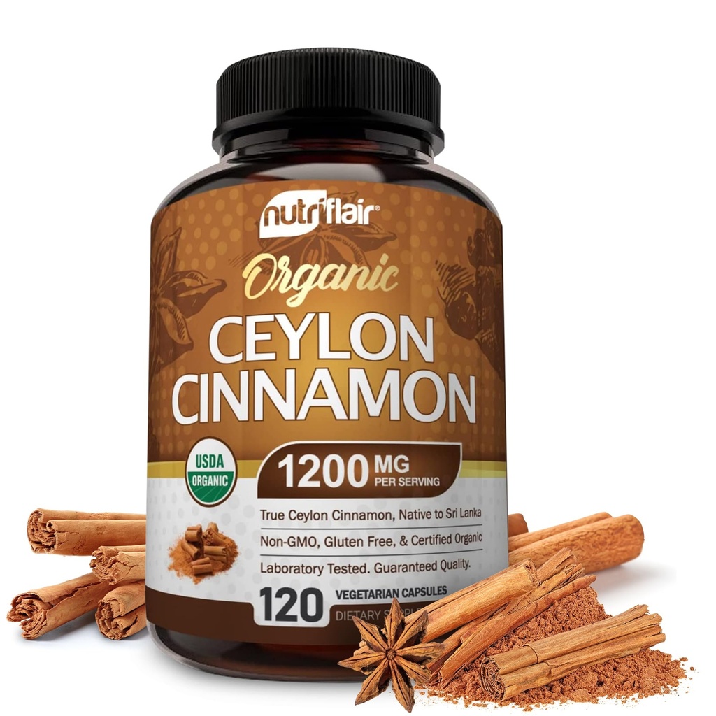 AcFlair אורגני Ceylon Cinnamon תוסף 1200 מ"ג, 120 קפסולות - USDA Certified - non-GMO, Gluten Freeאבק, Antioxidant Pills