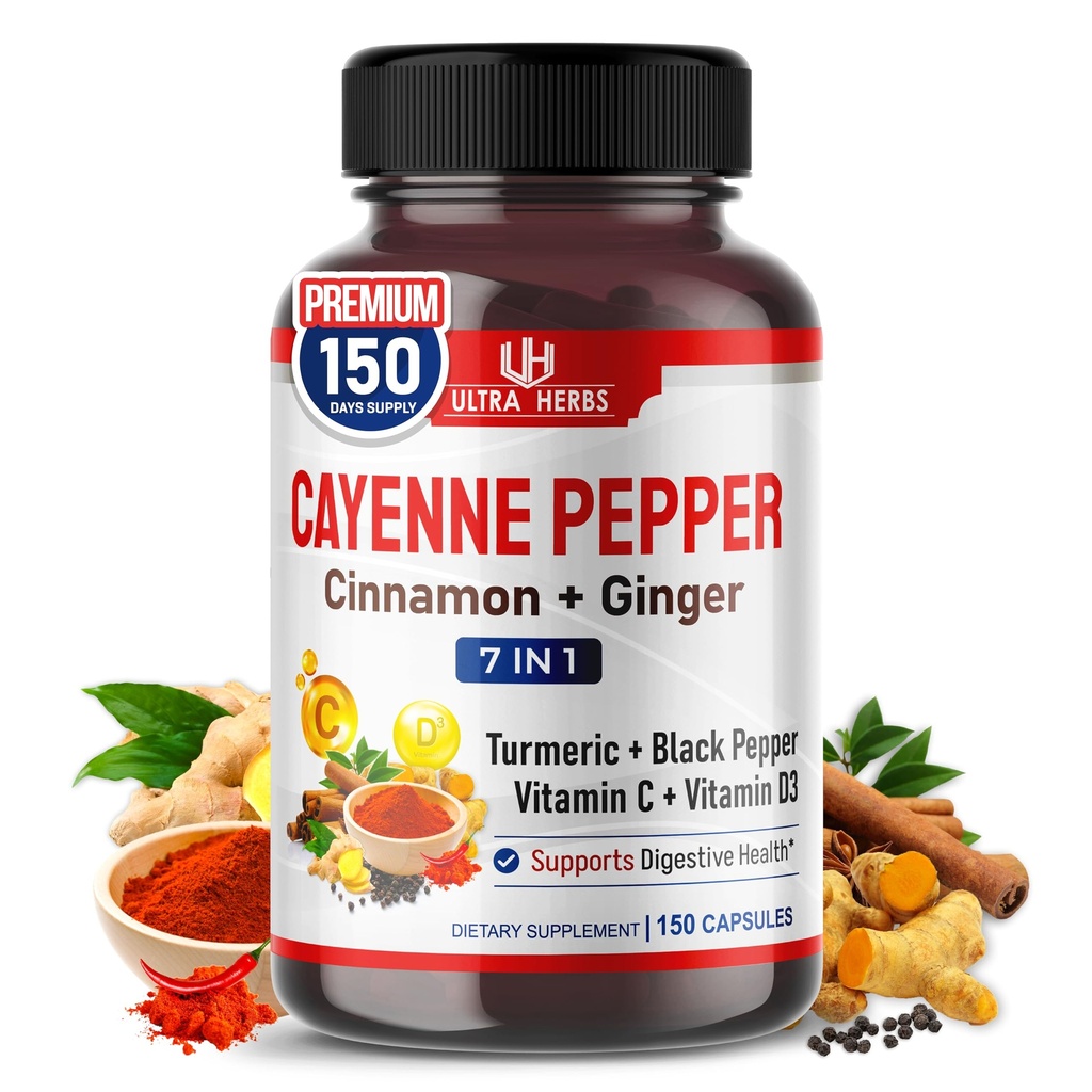 קייאן פפר 7 ב 1 - עם ג'ינג'ר, Turmeric, Cinnamon, Black Pepper - מקדם פונקציות מערכת העיכול (150 ימים אספקה (Pack of 1)