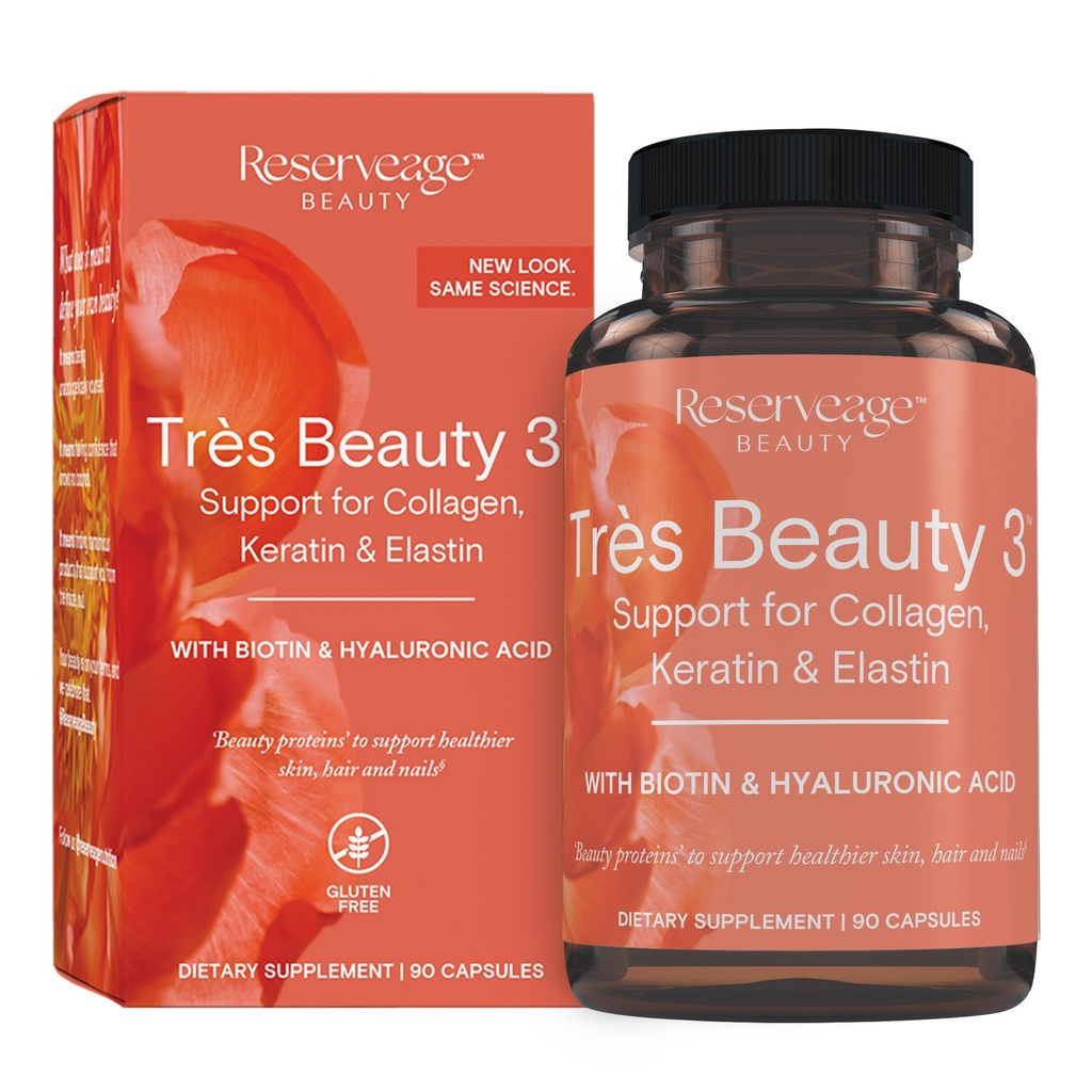 תזונה עתירה - Tres Beauty 3 - תוסף עבור צמיחת שיער, Skin Care & Nail Care - תוספת קולג'ן עם Keratin & Biotin - Gluten Free - 90 קפסולות (30 משרתים)