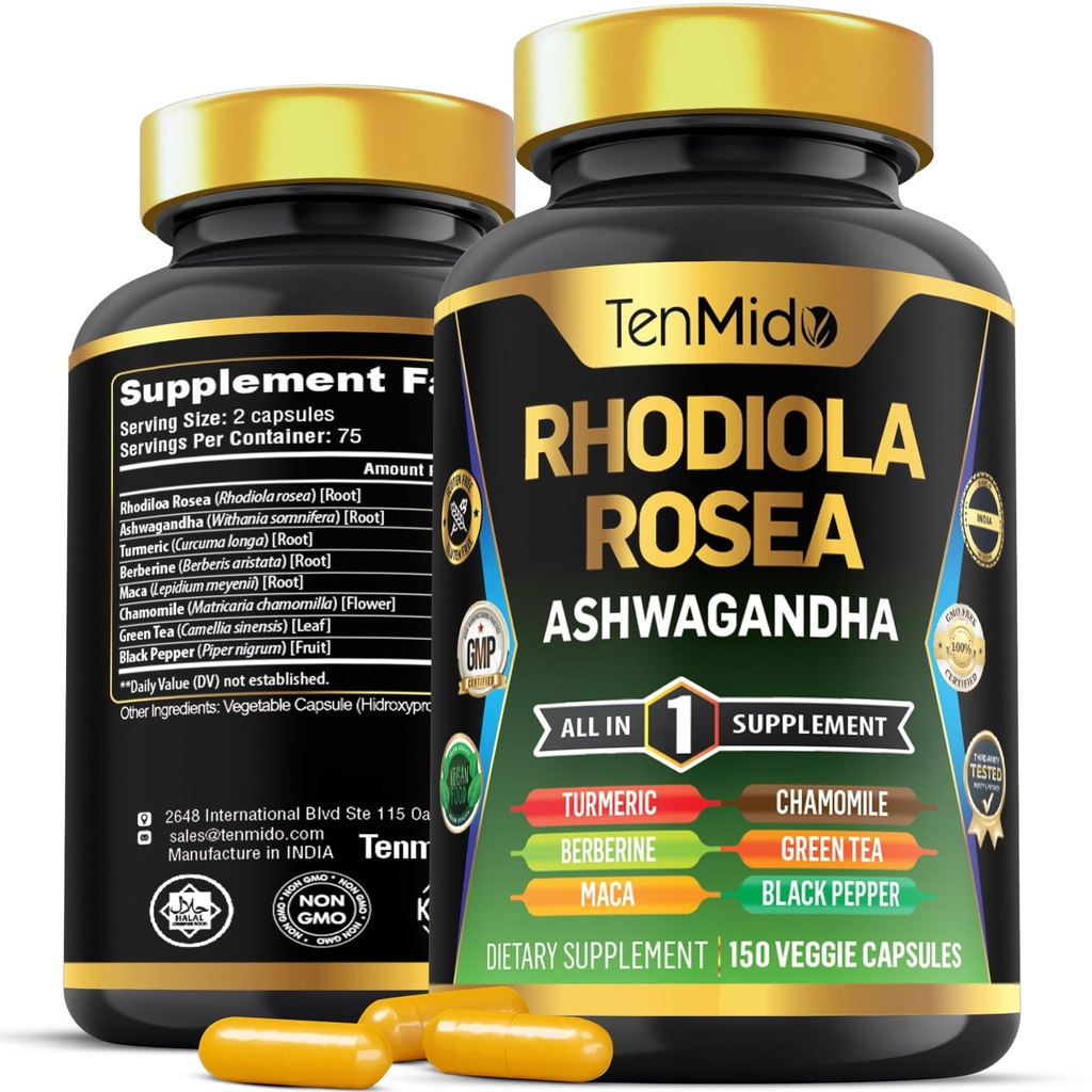 Rhodiola Rosea תוסף - 8in1 פורמולה - בשילוב עם Ashwagandha, Turmeric, Berberine, Maca, Chamomile, Green Tea, Black Pepper - מזון עשיר - 150 קפסולות טבעוניות