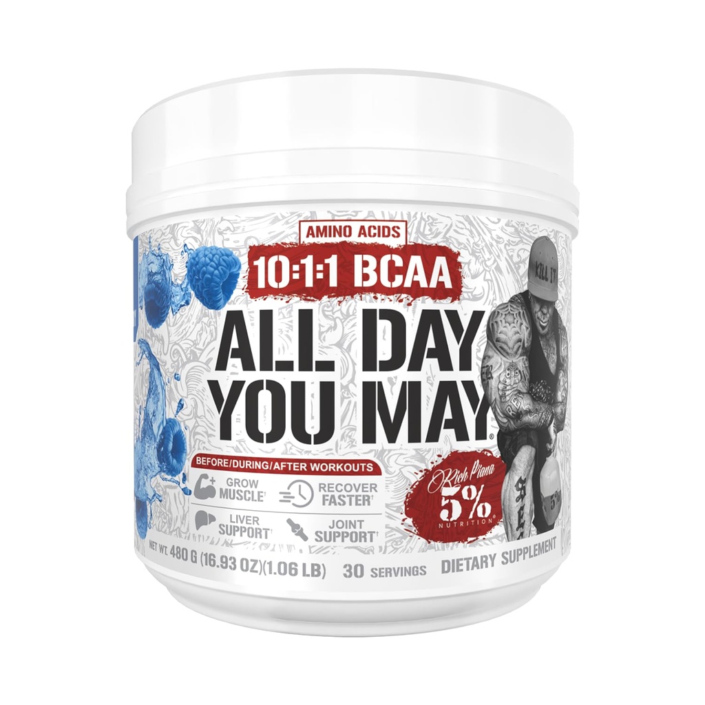 5% תזונה עשירה Piana AllDay You May BCAA אבקה | Premium Intra & Post Workout Amino Acids, EAA, Electrolytes | הידרה, אנדרטה, התאוששות | טבעוני & Keto | 16.4 oz, 30 Srvgs (כחול פטל)
