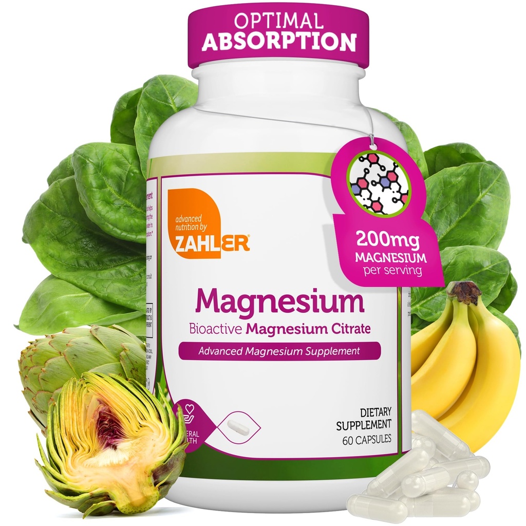 Zahler - Magnesium תוספת קפסולות 200 מ"ג (60 הרוזן) מוסמך מוסמך ביואקטיבי Magnesium Magnesium Citrate עבור Max Absorption - Natural Magnesium מינרלים לגברים ונשים - Best Magnesium תוספי מזון