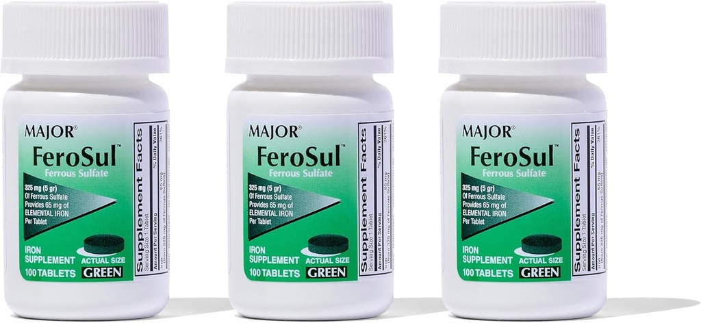 Major Ferosul - Ferrous Sulfate 325 מ"ג טבליות עם 65 מ"ג של ברזל אלמנטרי - תוספת ברזל לנשים, גברים - ירוק - 100 טבליות (3 Pack)