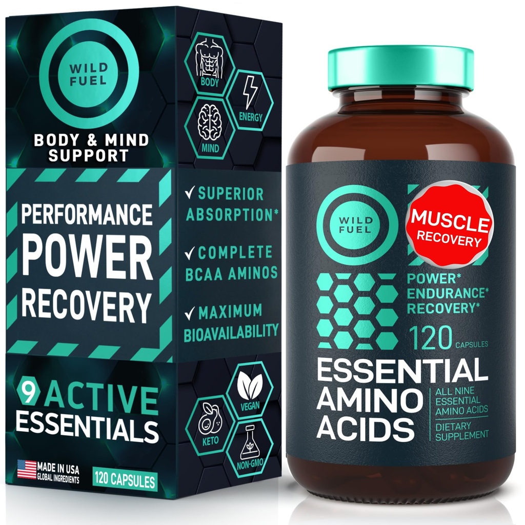 Essential Amino Acids תוסף - All 9 EAAs עם BCAAs Amino Acids (Leucine, Lysine, Valine, Threonine) - 3,000 מ"ג פרי - צמיחה שרירים, כוח, התאוששות - 120 טבעוני, Caffeine חינם קפסולות