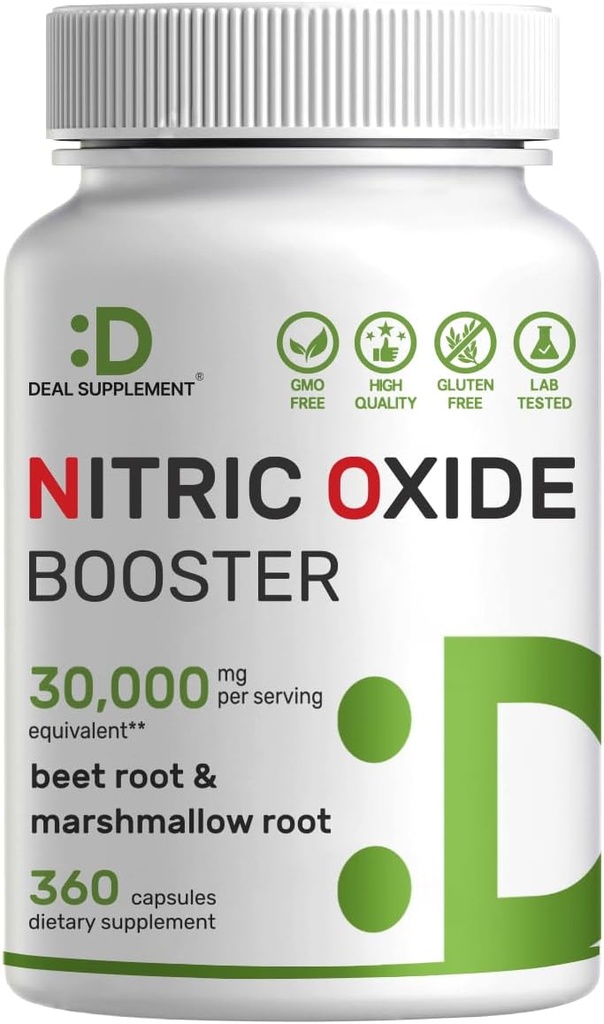 המונחים: Nitric Oxide Booster 30,000 מ"ג Equivalent, 360 קפסולות - Natural Beet Root & Marshmallow Root Herbal - מקדם זרימה תזונתית לשרירים וללב - non-GMO
