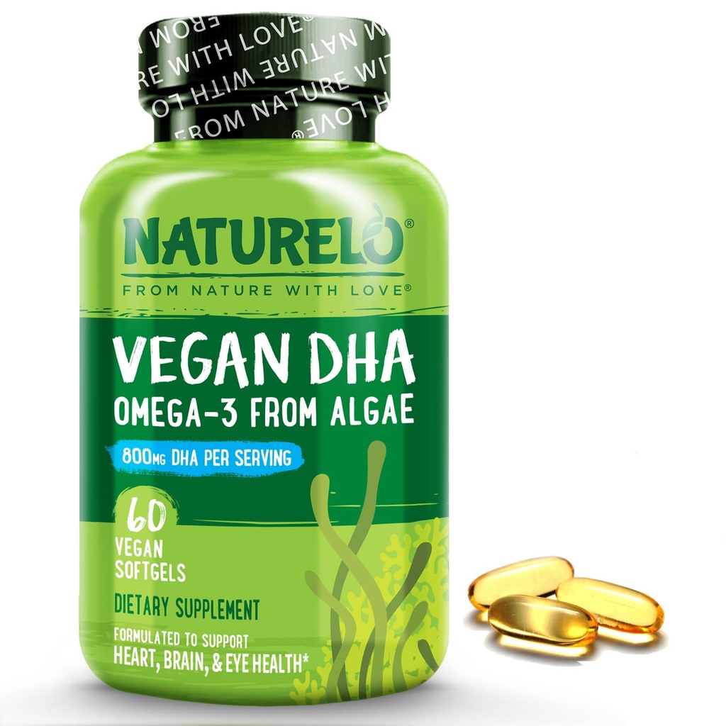 NATURELO טבעוני DHA - אומגה 3 שמן מ Algae - תוספת למוח, לב, משותף, עין בריאות - מספק חומצות שומן חיוני עבור נשים, גברים וילדים - משלימה ויטמינים טרום לידתי - 60 Softgels