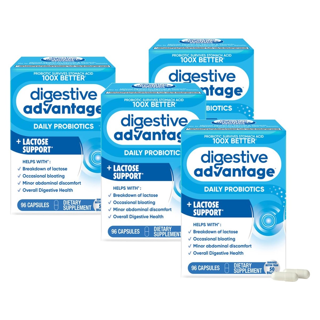 יתרון Digestive Lactose Defense Enzymes + Probiotics for Women & Men Occasional Bloating, Lactose Breakdown, Minor Abdominal Discomfort, Immune Support, 96 קפסולות הרוזן (4 Pack)
