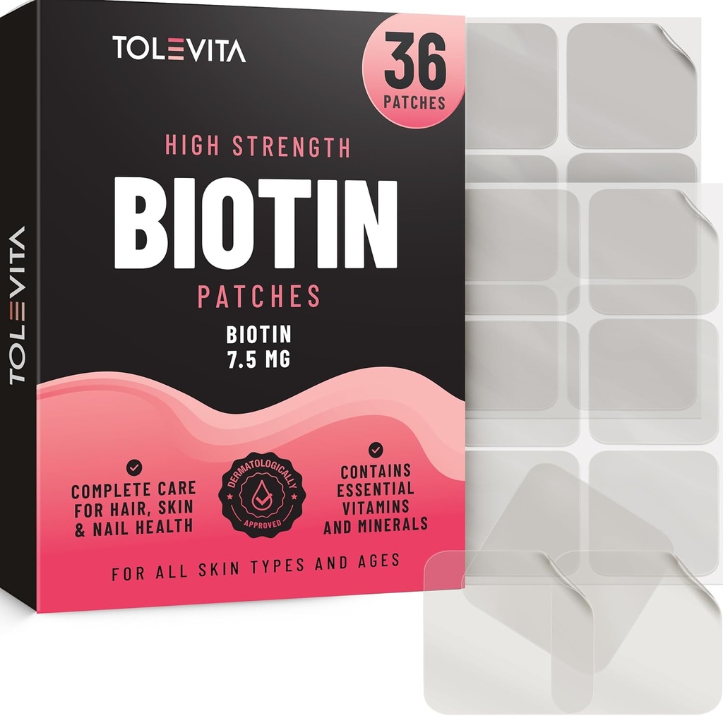Biotin Patches - 36 Pcs | 7.5 מ"ג ביוטין עם ויטמינים ומינרלים חיוניים | תמיכה שיער בריא, ריחות חזקים & רדנט עור | Easy-to-Use for Beauty and Active Lifestyles
