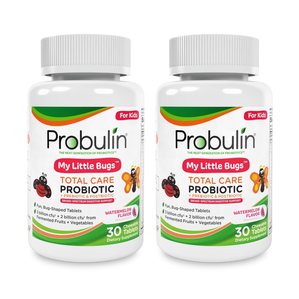 Probulin Total Care My Little Bugs Prebiotics, Probiotics & Postbiotics - 5 מיליארד CFU - 15 סטרינס - 30 טבליות צ'וייט (Twin Pack)