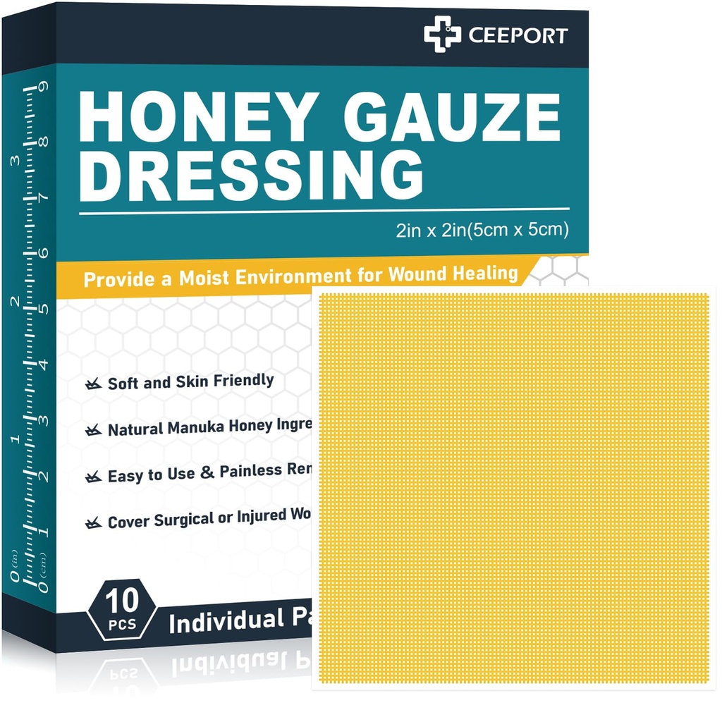 Manuka Honey Gauze Wound Dressing 2" x 2,10 Pack Manuka Honey Wound Care Pads, כיתה רפואית דבש Bandages for Wound Care, Honey Patch for Faster Healing from Burns, Abrasions,Cuts ו Scalds