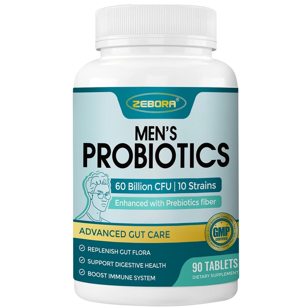 ZEBORA Probiotics for Men and Prebiotics for Digestive Health, 90 Tablets, 60 Billion CFUs for Immune and Gut Health, 10 Strains, Hypoallergenic Probiotics, Shelf Stable, Gluten & Soy Free