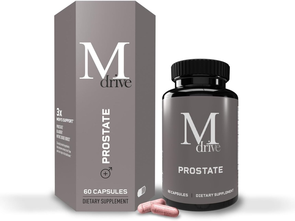 Mdrive Prostate Prostate תמיכה תוסף בריאות גברים, מקדם בריאות וטרינרית, תומך זרימה נורמלית, תדירות ו Bladder ריקינג, Flowens Cranberry לחלץ, S7 N.O. Booster, 60 קפסולות
