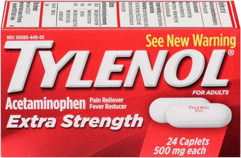 TYLLOL תוספת כוח Acetaminophen 500 מ"ג Caplets 24 כל אחד