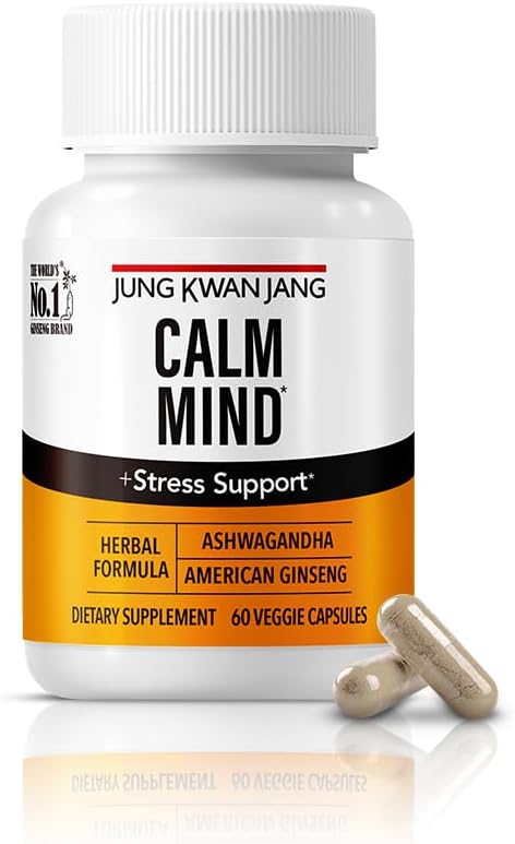 JUNG KWAN JANG Calm פורמולה עם Ashwagandha 300 מ"ג, American Geneseng 428 מ"ג ו- L theanine 204 מ"ג תוסף - 60 קפסולה לגברים ונשים