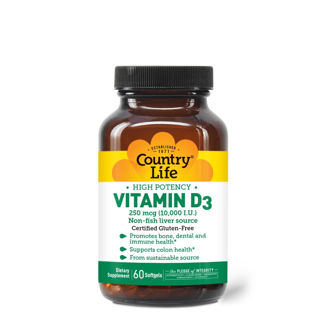 המדינה חיים ויטמין D3 10,000 IU - High Potency, non-Fish Source | Bone, Immune & Colony Health Support | 60 Softgels | מוסמך Gluten-Free Formula with MCT שמן עבור Better Absorption