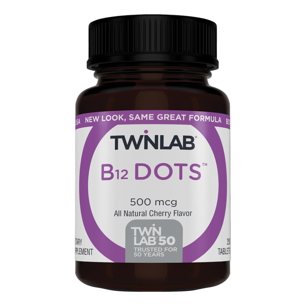 Twinlab B-12 Dots - תמיכה בייצור אנרגיה תוספי ויטמין B12-500 mcg, 250 טבליות