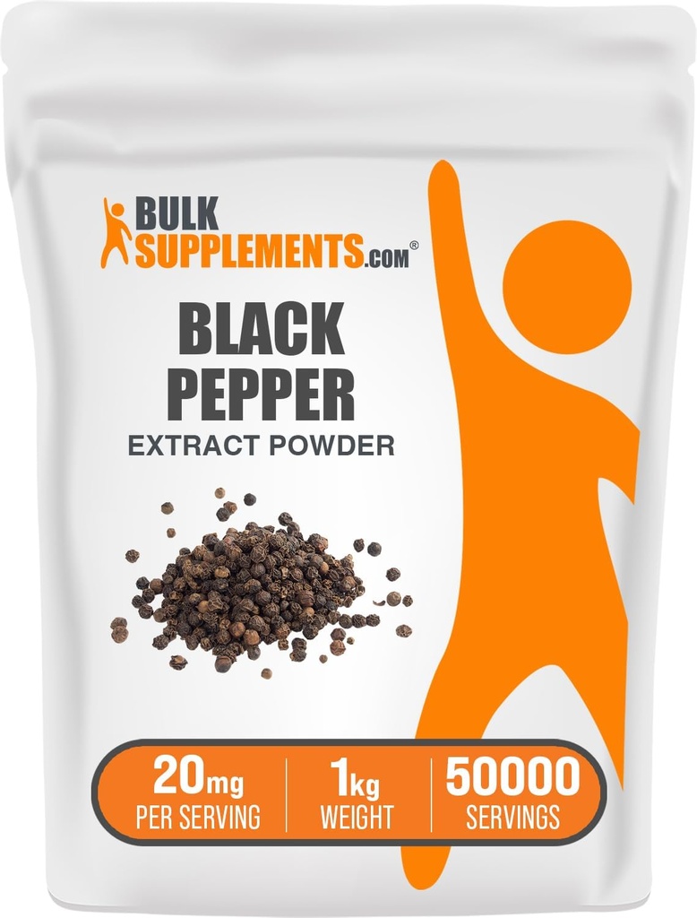 BulkSupplements.com Black Pepper Extraction - Black Peppers, תוספי פיפרין - טבעוני וגלוטן חינם, 20 מ"ג עבור שירות, 1kg (Pack of 1)