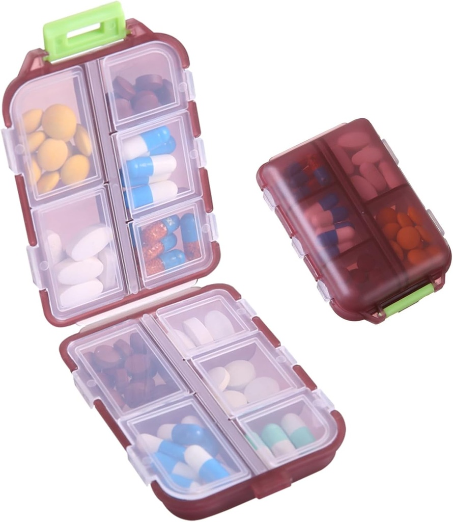 1Pack Travel Pill מארגנת - 10 השוואתיות CASE, קומפקטי ו- Portable Pill Box, Perfect for On-The-Go Storage, Pill Holder for Purse Brown