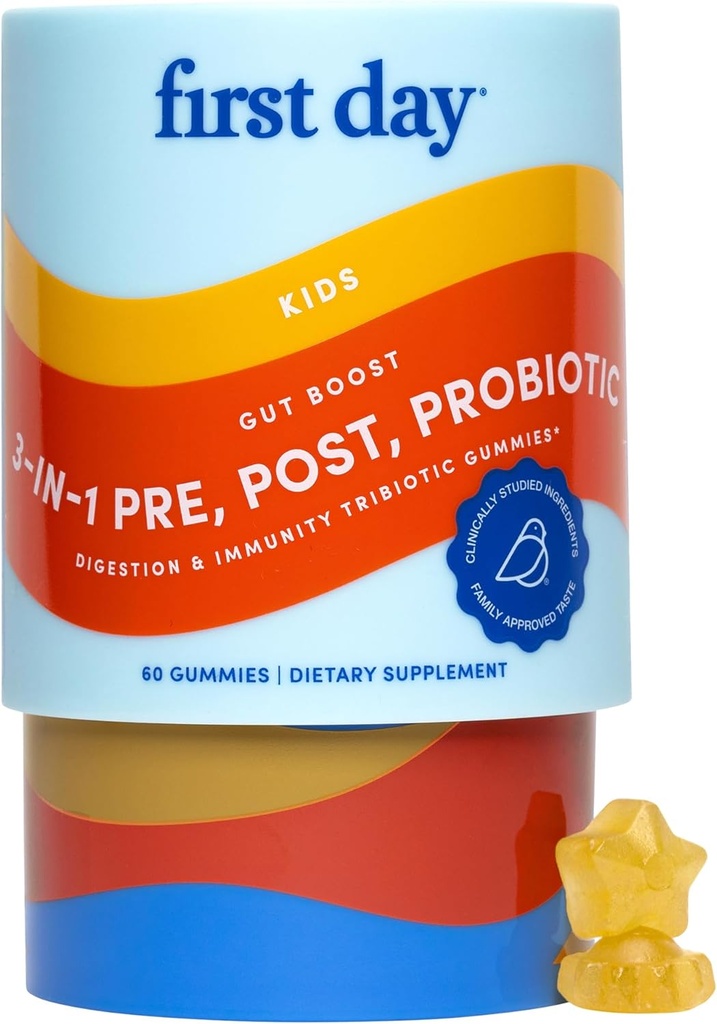 FIRST DAY Kids 3in-1 Probiotics - Prebiotic + Probiotic + Probiotic + postbiotic תוסף - תומך בבריאות העיכול והפנימית, Immune Function & Energy Levels - 30 יום אספקה