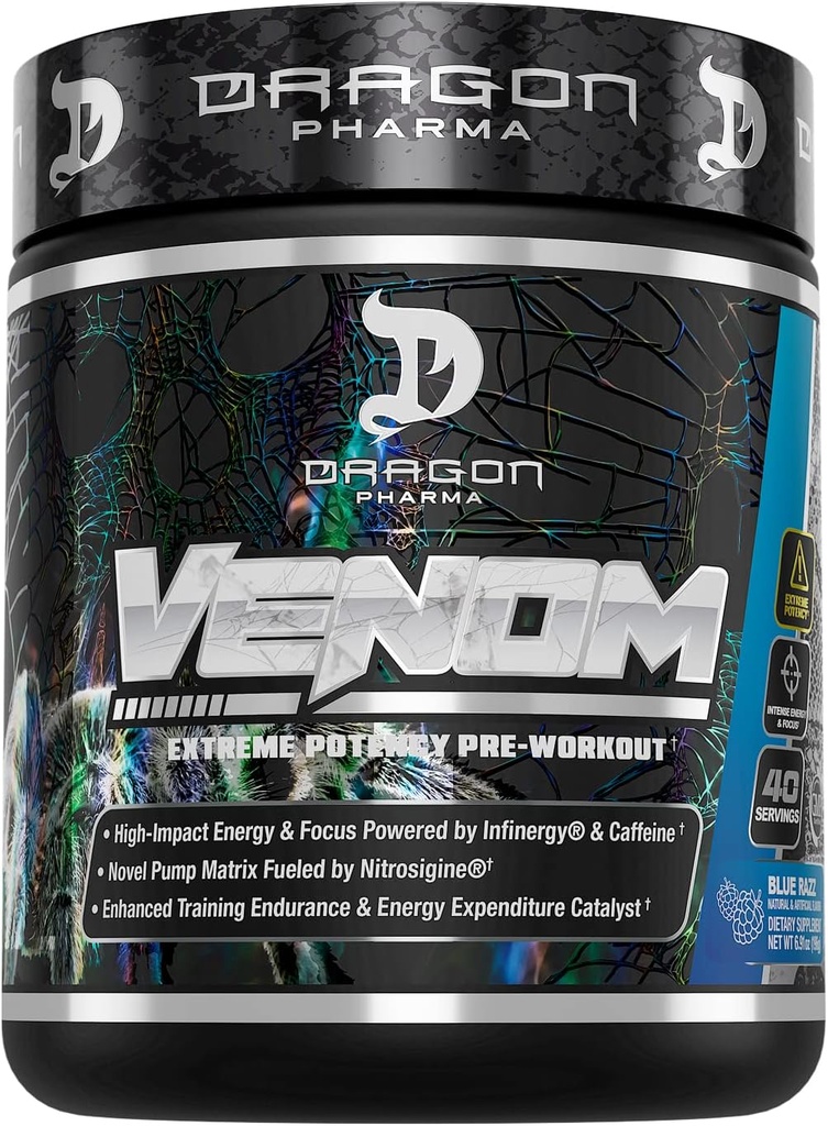 DRAGON PHARMA Venom Extreme Potency Pre-Workout, לייזר Sharp Focus + אנרגיה, Intense Performance, Ingredients for Enhanced Veodilation & Endurance (שרתים, Blue Raspberry)