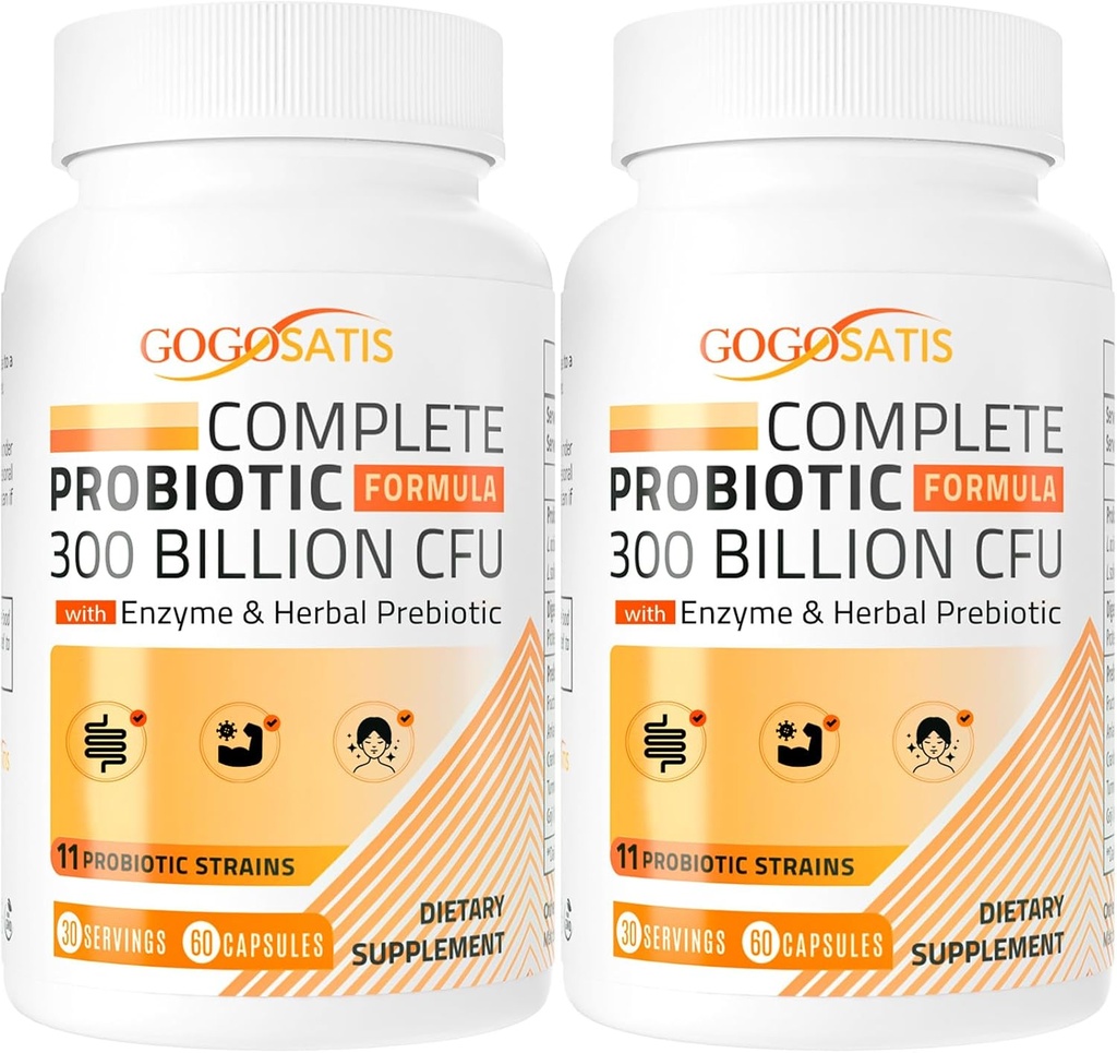 Probiotics for Women & Men, 300 מיליארד CFU 11 סטרינס + אורגני Herbal & Digestive Enzymes, Probiotic for Digestive Health, Gas & Bloating, Immune, Gut Health for Women & Men, Shelf Stable, 120 Caps Stable