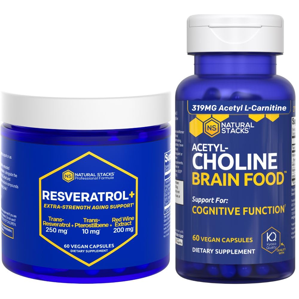 NATURAL STACKS Acetylcholine Brain Food + Resveratrol תוסף Bundle - תמיכה פונקציונליות קוגניטיבית ומוח Aging * - 120 Total כמוסות