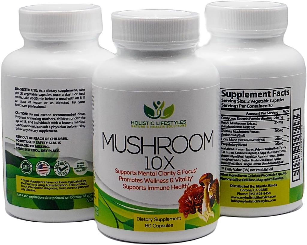 Mushroom 10X Mushroom מורכב 10in-1 תוסף 1330 מ"ג 60 קפסולות W / Lions Mane תומך להתמקד וקלילות נפשית, וירטוטי, Mood Enhancement & Immune Support
