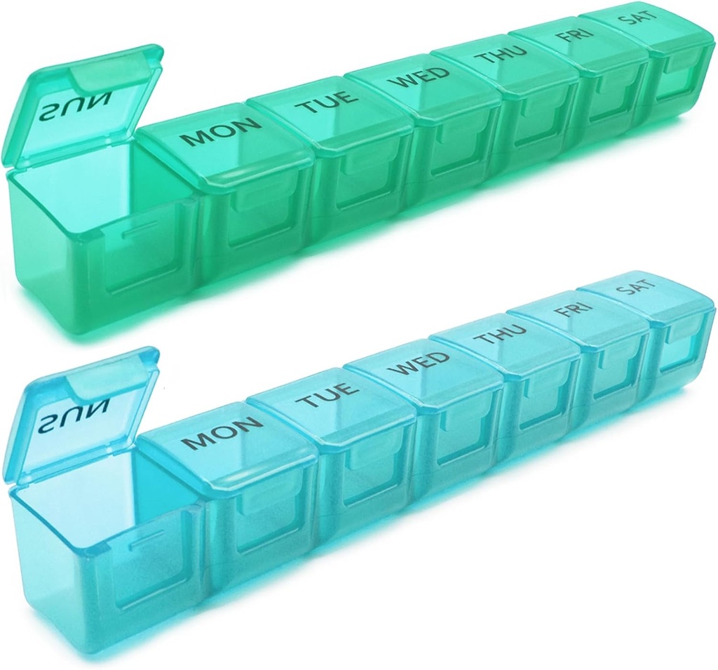 2 Pack שבועי גלולות מארגנת, 7 ימים גדול מקרה גלולה, יום יומי ויטמין Case Medicine Box, AM/PM Pill Pill Containers for Medicine Supplements Fish Oil (כחול וירוק)