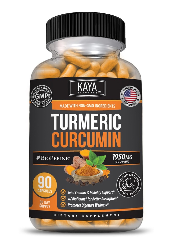 Kaya Naturals Turmeric פלטינום, 60 קפסולות ספירה, Bioperine, Premium Support with 95% Curcuminoids סטנדרטי - 60 קפסולות