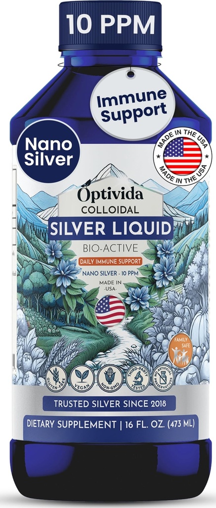 Optivida Health Nano Colloidal Silver נוזלי (1LB) - תוספי תמיכה ב-Immune עם Silver Hydrosol, נוזל לתמיכה ב- Immune, Colloidal Silver עבור מערכת החיסון, 10 PPM.