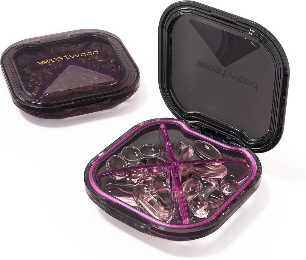 1 Pack Small Purple Pill מארגנת, 4 השוואתיות, קומפקטי Stylish Travel Camping Pill Box Daily Medicine Case, Portable ו-Moistureהוכחה לאחסון ויטמינים, תרופות ותוספים