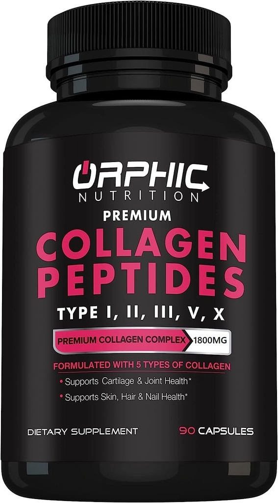 OrPHIC NUTRITION Collagen Peptides קפסולות לנשים,1800 מ"ג Multi Collagen Pills Types I, II, III, V, X - תמיכה בבריאות העיכול שמירה על מפרקים חזקים, Tendons, Ligaments ושרירים* 90 Caps * 90 Caps
