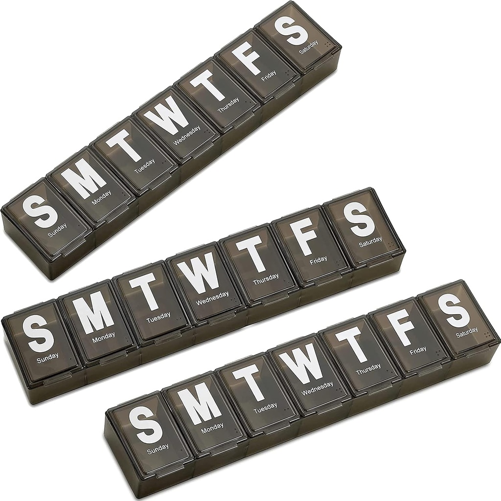 מארגנת גלולות שבועיות - (Pack of 3) מכיל ויטמין גדול עם ג'מבו קל לקרוא מכתבים, BPA חינם - Daily Travel 7 Day Drug Pill Box Case, שחור)