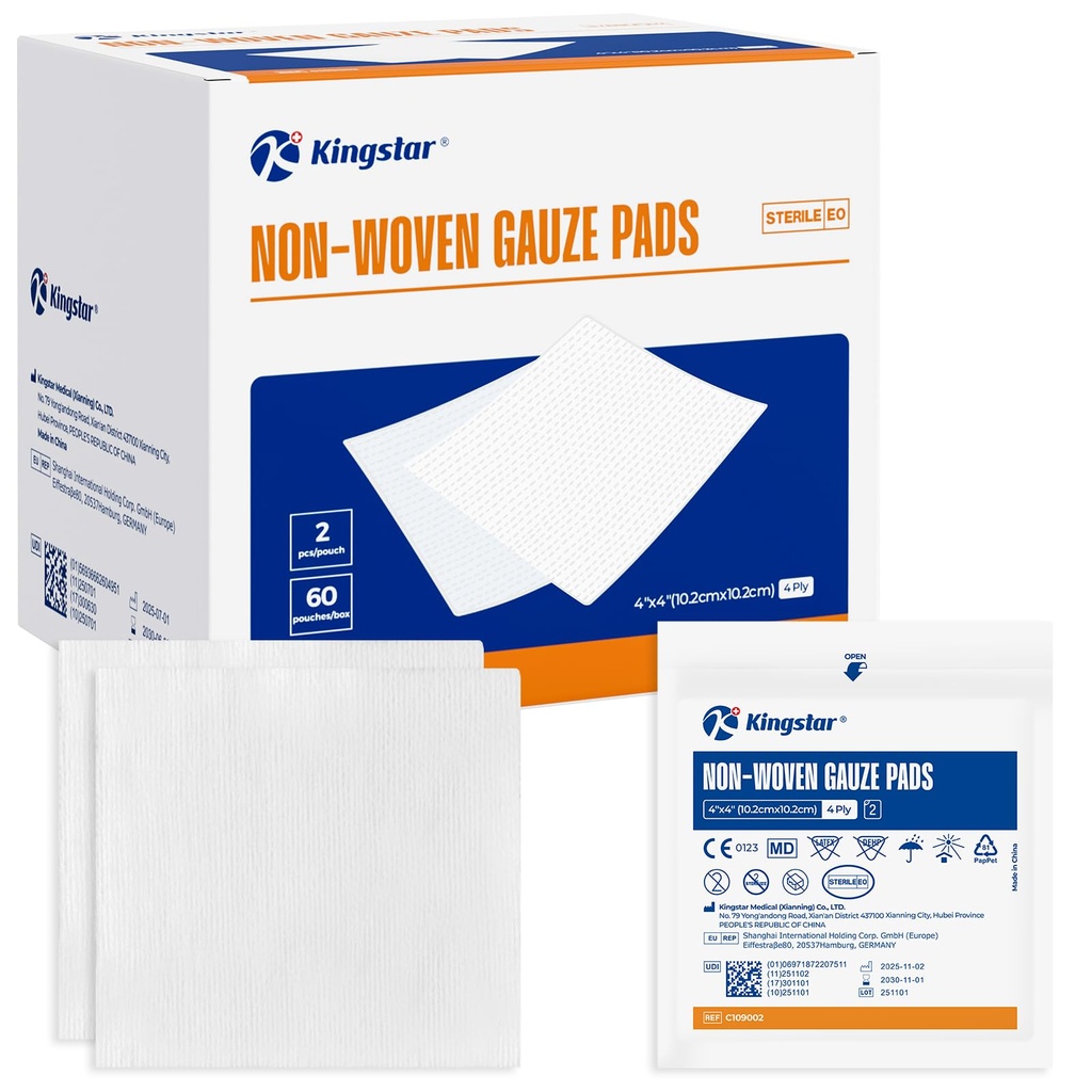 Kingstar Sterile non ארוג Gauze Pads, 4 "x 4" לבושה, 60 Packs - 120 Pieces Superior Soft Sponge Pads, גבוה Absorbent Gauze Compresses עבור טראומה או פוסט-Operative Wound Care