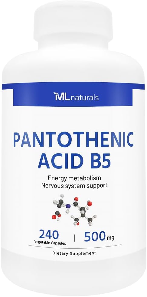 ML Naturals Pantothenic Acid B5 240 קפסולות ירקות. אנרגיה metabolism, מערכת העצבים, NSF-Certified & cGMP-Compliant
