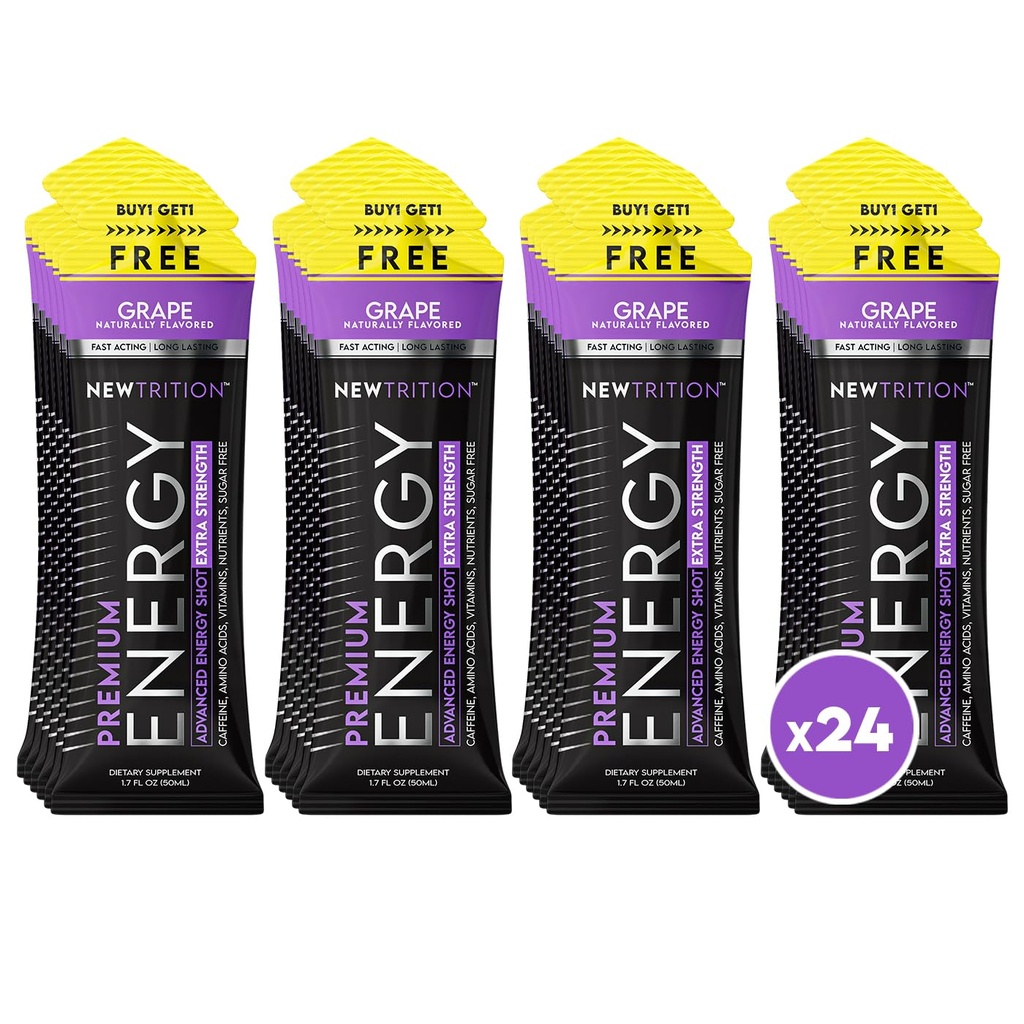 NewTrition® Extra Power Shots, 250mg Caffeine Energy Shots with ויטמין B & Amino Acids, Sugar-Free ויטמין Energy Shot, 1.7 floz (Pack of 24, Grape)