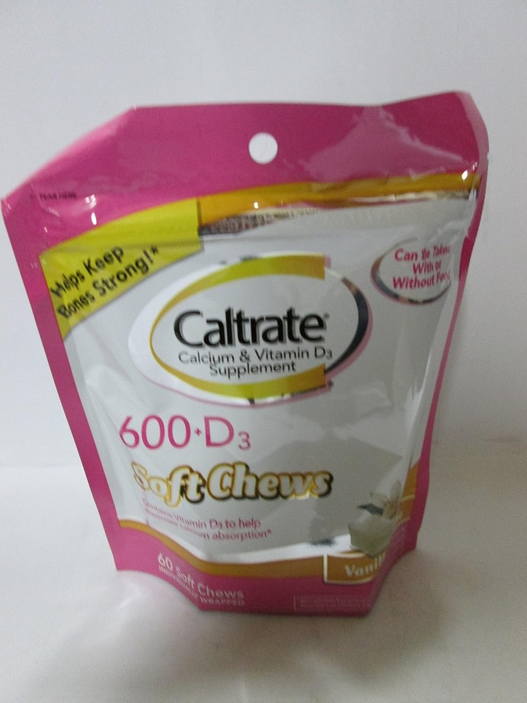 Caltrate Calcium ו- ויטמין D, צ'יפס רך, Vanilla Creme, 60 Count (Pack of 3)