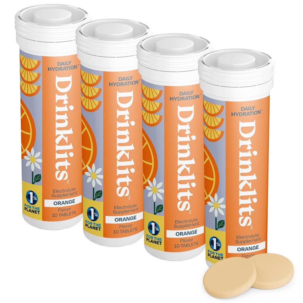 משקאות Orange Daily Electrolyte hydrotion טבליות (4) Tube Bundle | 0g סוכר - משקה ספורט טבעי - טעם גדול | 4 Pack (40 משרתים)