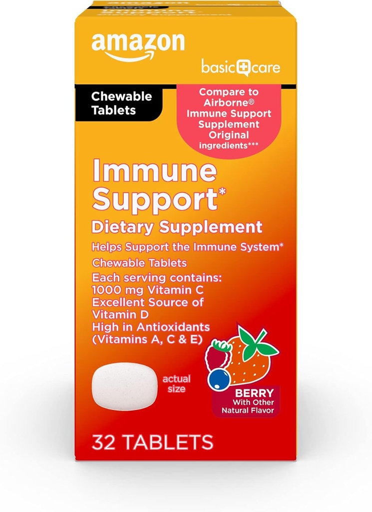 טיפול בסיסי - Immune Support Supplement, ברי צ'ו טבליות, מקור מצוין של ויטמין D, 32 Count