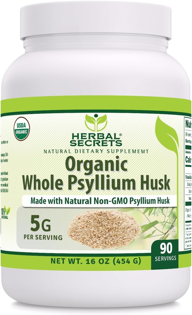 Herbal Secrets Whole Psyllium Husk אבקת תוסף | 5 גרמים לשרת | Non-GMO | Gluten-Free | Made in USA (16 Oz, 1 Pack)