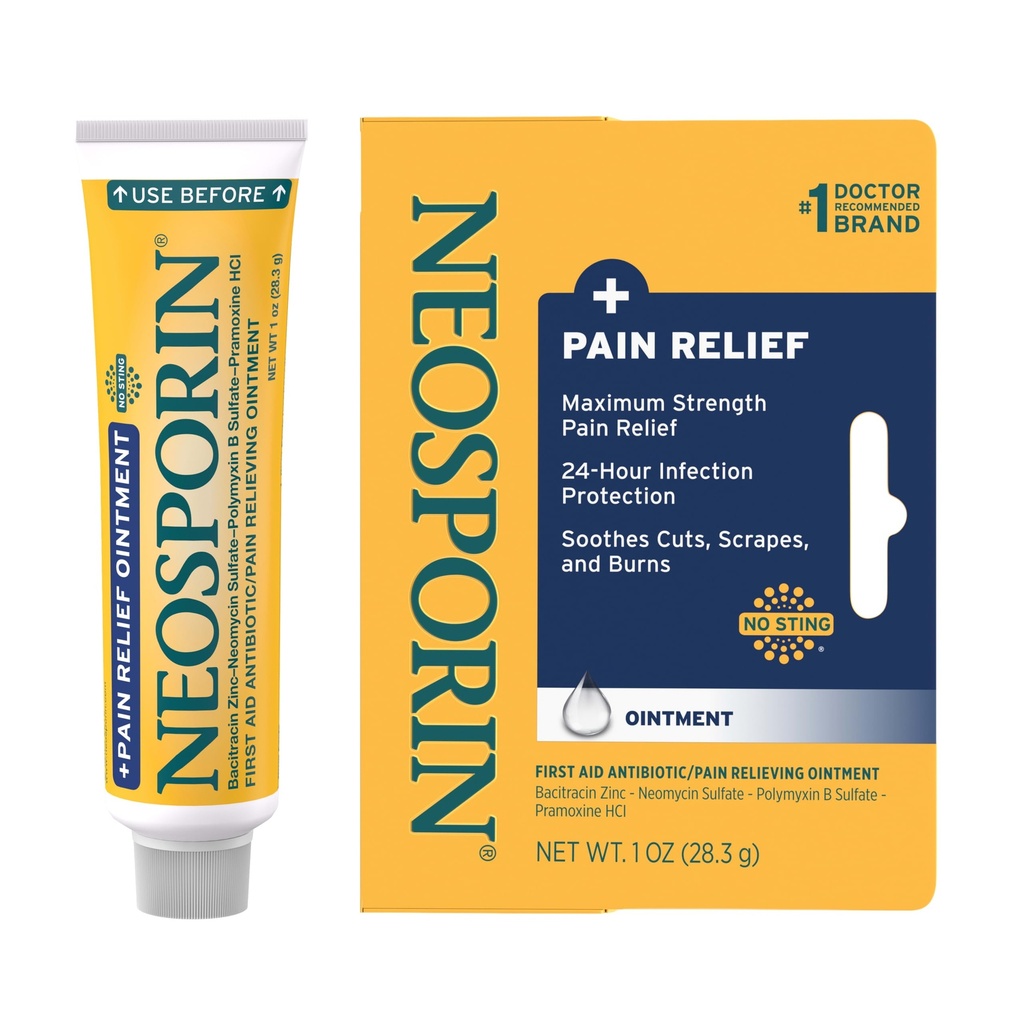 Neosporin + מקסימום-Strength Triple Antibiotic Ointment עם הקלה בכאב, פעולה כפולה עזרה ראשונה Wound Care, No-Sting פורמולה עם Pramoxine HCl, Bacitracin Zinc, 1 oz Single Tube