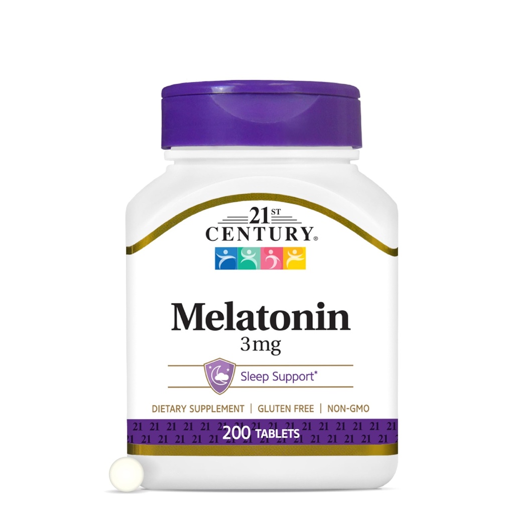 המאה ה-21 מלטונין 3mg Gentle טבליות, 200 ספירה, Sleep Aid for Adults, מקדם רגיעה ושינה נינוחה, Non-Habit Forming, Gluten-Free, non-GMO