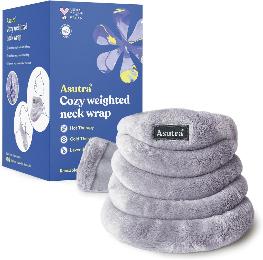 ASUTRA משקל צוואר Wrap, Plush Gray - פיט חימום ללא מיקרוגל עבור צוואר וכתפיים, חם ו Cold Compress, Lavender Aromatherapy