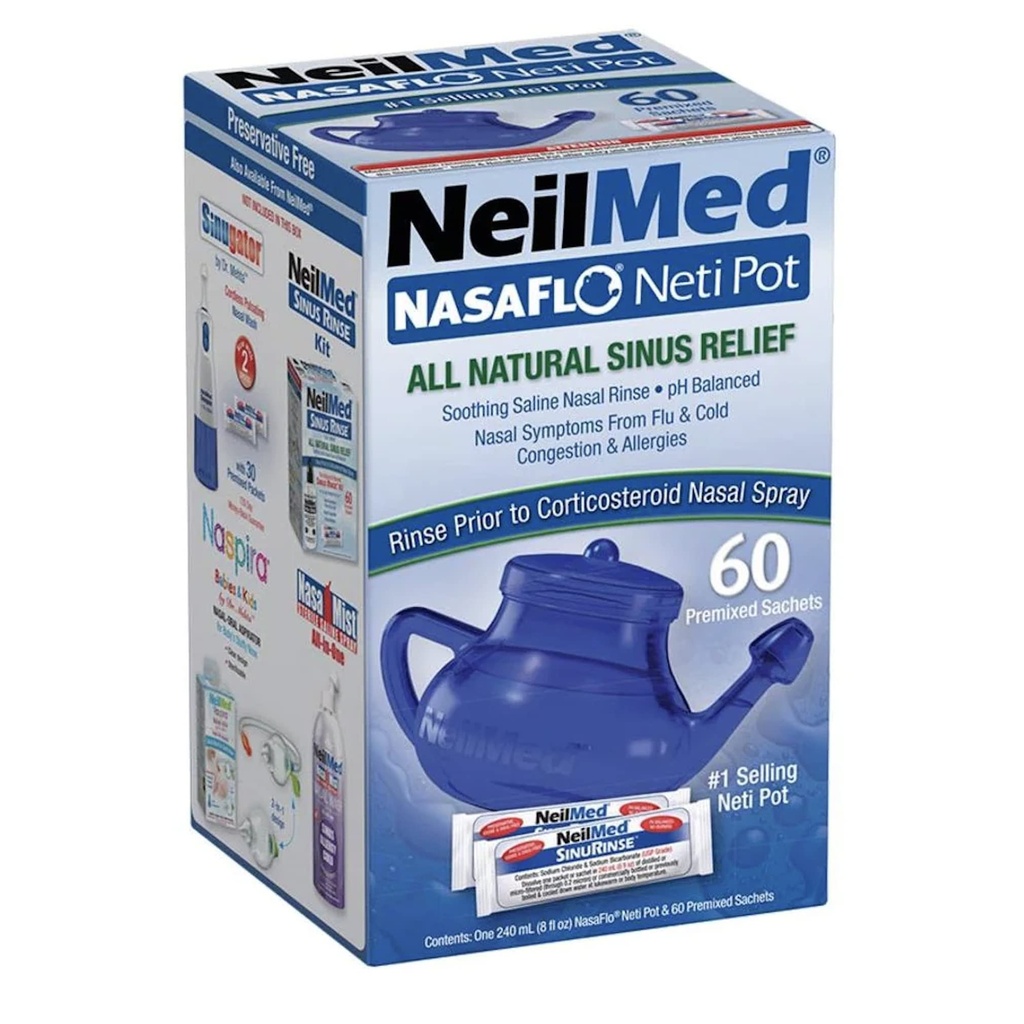 ניל מed NasaFlo Unbreakable Neti Pot עם 60 חבילות premixed