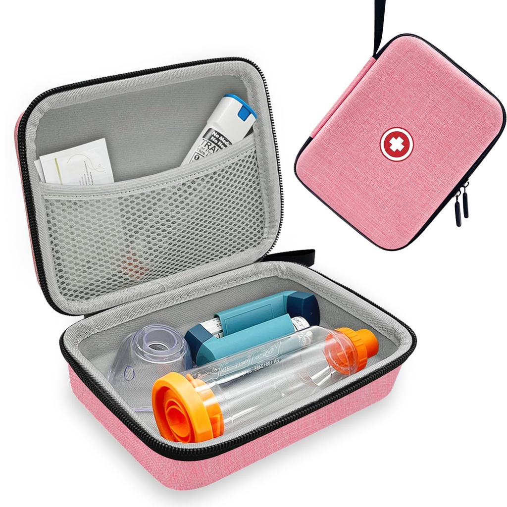 The Hard Inhaler Spacer Case for Kids and Adults, Asthma Inhaler Case with Mesh Pocket for Medicine ואביזרים אחרים, פינק (Bag Only)
