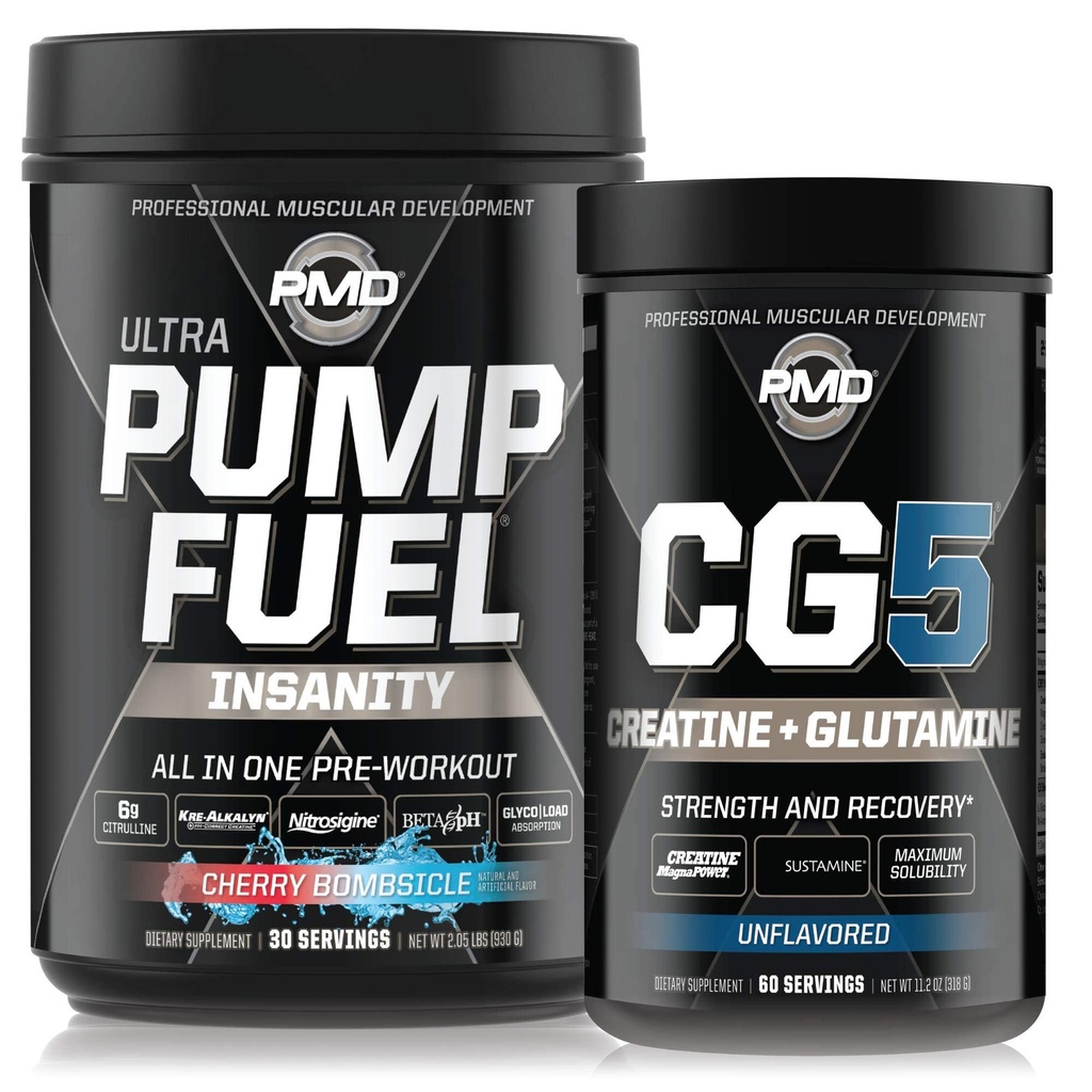 PMD Sports Ultra Pump Fuel Insanity - Pre Workout - Cherry Bombsicle (30 משרתים) ספורט CG5 Premium Creatine ו- L-Glutamine (60 משרתים)