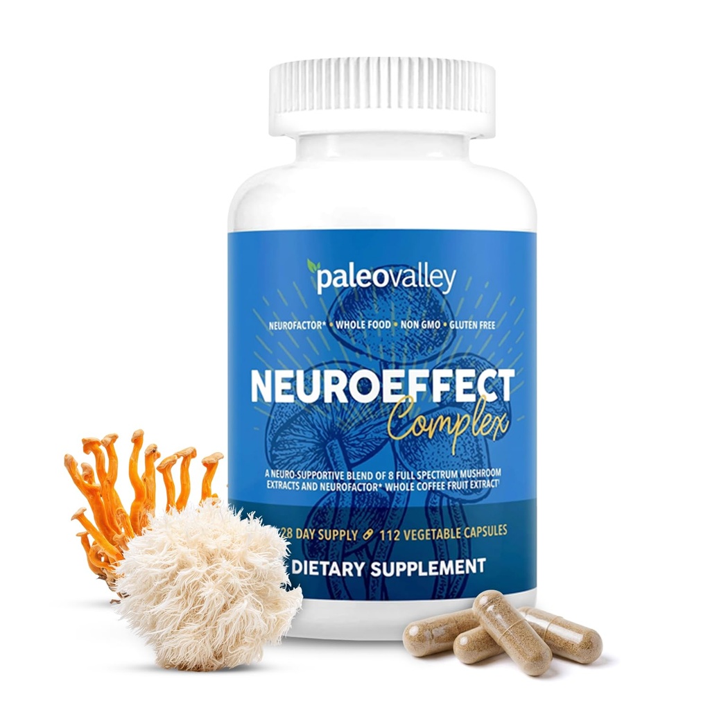 Paleovalley NeuroEffect - נוירו Mushroom תוספי תזונה עבור Focus, זיכרון ותמיכה באנרגיה - 28 ימים אספקה - 8 ספקטרום מלא Mushroom ו- Whole קפה פירות לחלץ