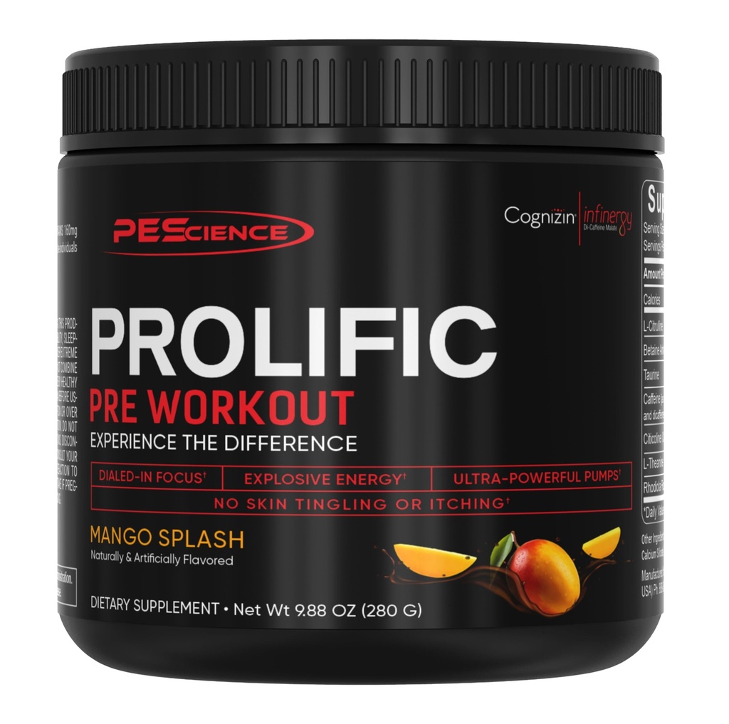 PEScience Prolific Pre Workout אבקת עבור גברים ונשים עם L-Citrulline Nitric Oxide Booster, אבקת אנרגיה & Nootropic עבור פוקוס - טרום עבודה ללא Betaine - 40 סקוטי, מנגו Splash