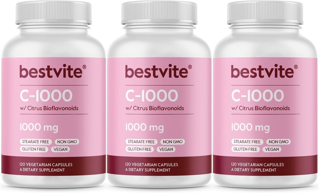 הטוב ביותר ויטמין C 1000mg (360 קפסולות צמחוניות) (120 x 3) עם Citrus bioflavinoids - No Stearates - טבעוני - Non GMO - Gluten Free